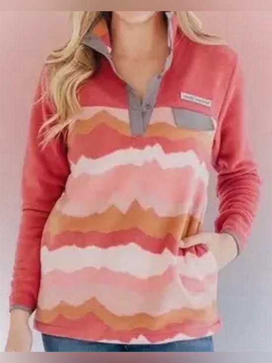 Simply Southern Sweaters - Simply Southern Comfy Fleece Pullover XXL Pink Mountain Print Snap Neck